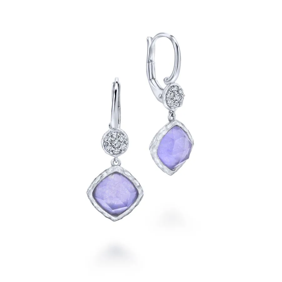 925 Sterling Silver Rock Crystal/Purple Jade Cushion Drop Earrings with White Sapphire Tops