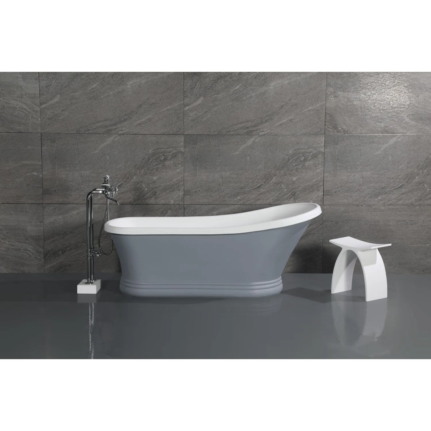 Arcticstone VRTSS673026WG 68-Inch Solid Surface Oval Single Slipper Pedestal Tub with Drain (No Faucet Drillings), Glossy White/Matte Gray