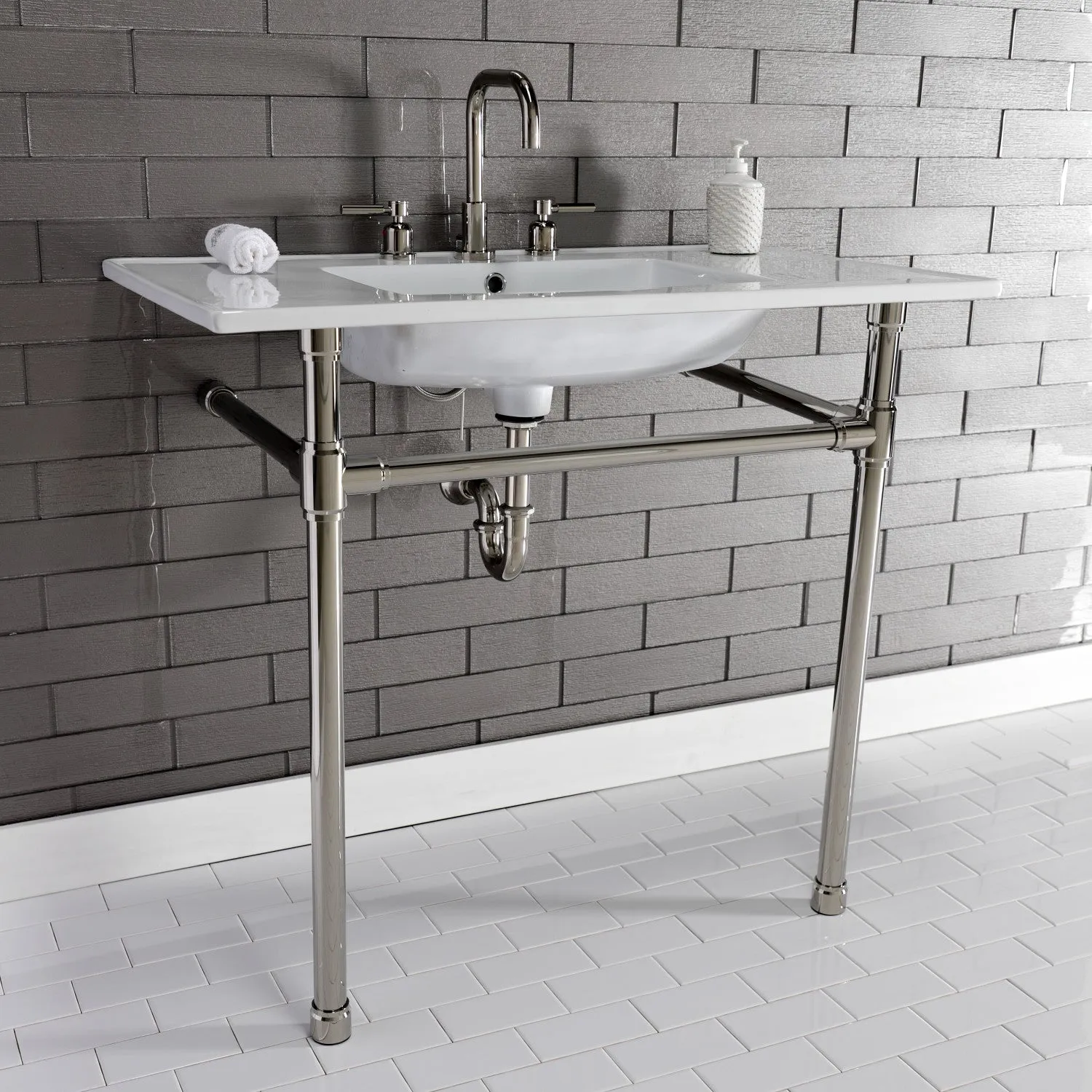 Dreyfuss KVPB37227W86 37-Inch Ceramic Console Sink Set, White/Polished Nickel