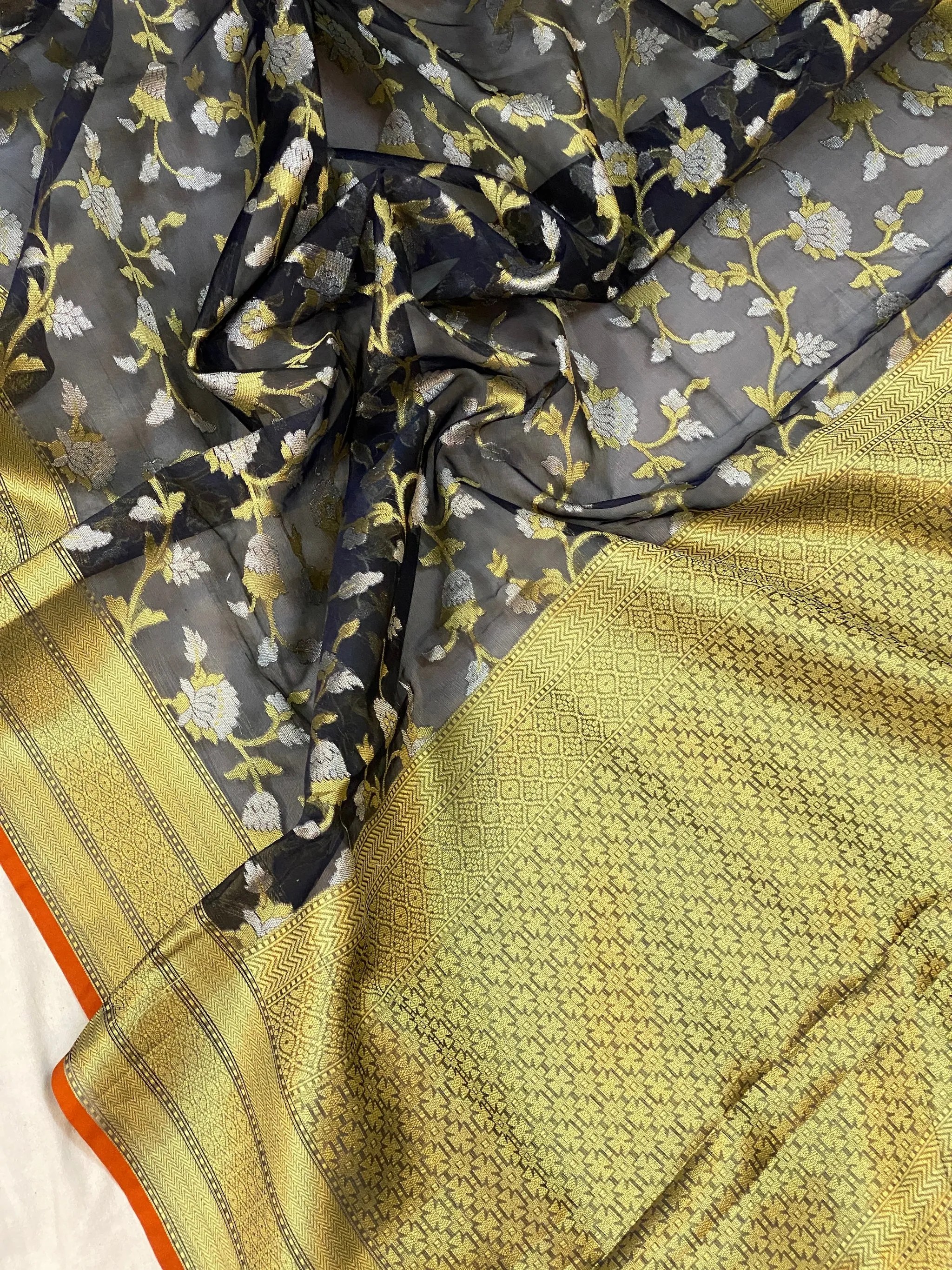 Exquisite Handloom Banarasi Sari in Black Pure Organza Silk